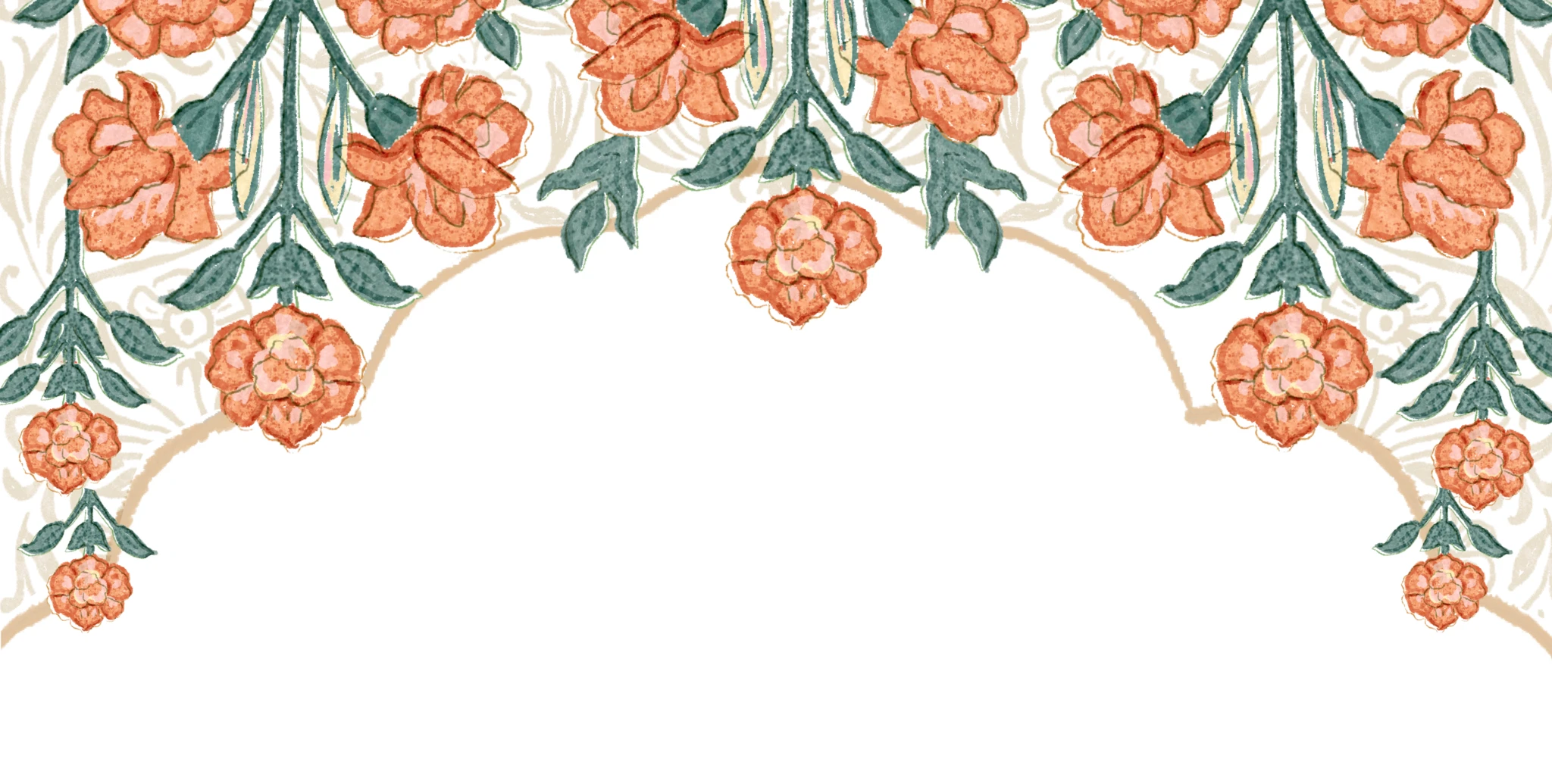 Hand-drawn border of coral flowers and teal leaves hanging above an arch